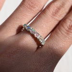 Natural Fire Opal cabochon half eternity ring in solid 925 sterling silver, designed with dainty cabochon stones for timeless elegance and flashes of fire colors. This ring highlights durability and everyday wear while being lightweight and comfortable. As the October Birthstone, Fire Opal makes a meaningful gift for birthdays, anniversaries, or special occasions. Perfect to wear at weddings, cocktail parties, and festive celebrations.