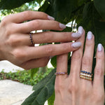 Ethiopian Opal eternity ring in gold with round cabochon gemstones, ideal for stacking or wearing solo, symbolizing everlasting love and inspiration, a meaningful October birthstone gift for weddings, anniversaries, and romantic milestones.