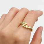 Gold peridot ring styled with natural skin tone and simple nails, perfect for elegant day or evening occasions, adding a luxurious and refined touch.