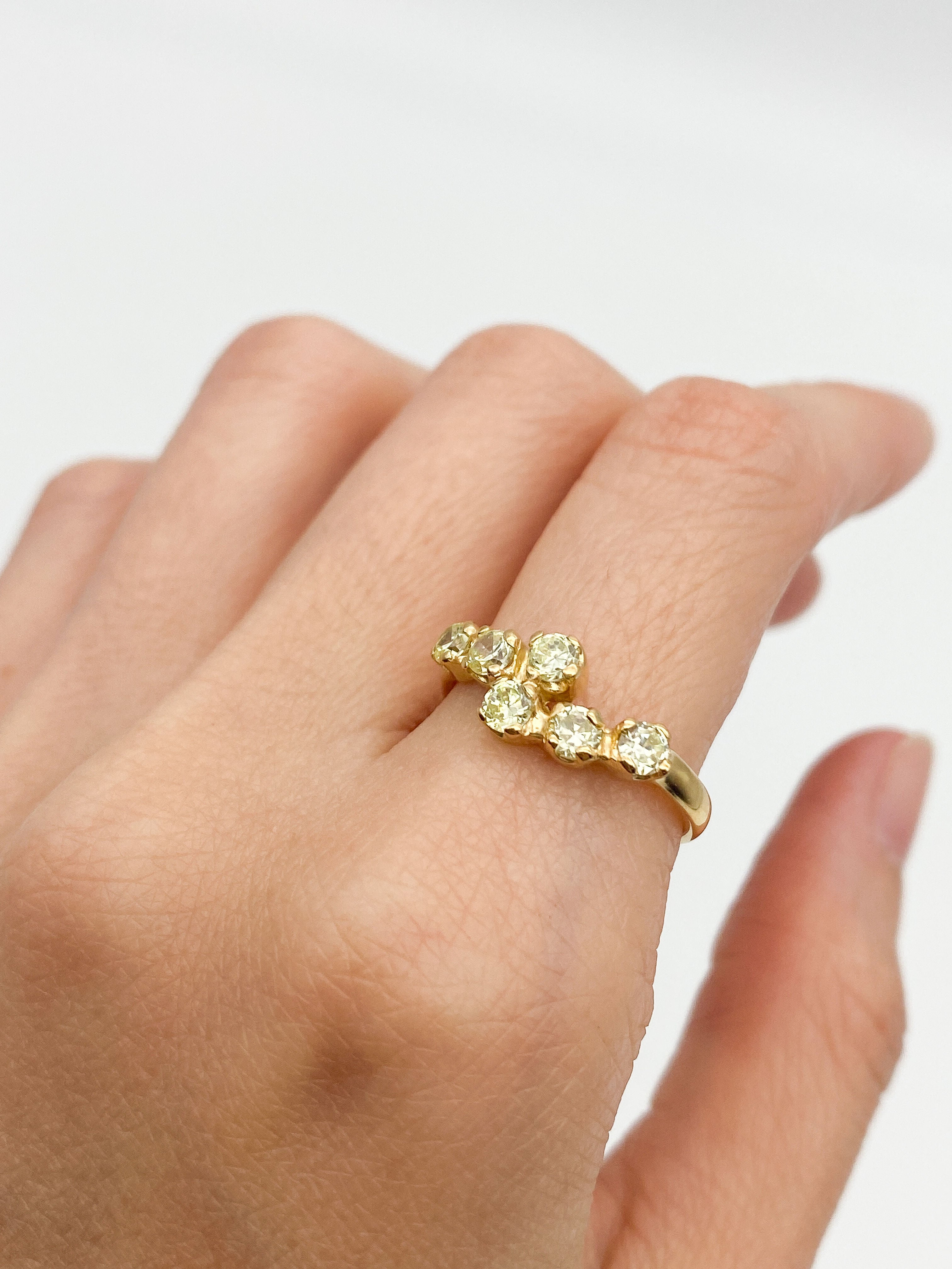 Gold peridot ring styled with natural skin tone and simple nails, perfect for elegant day or evening occasions, adding a luxurious and refined touch.