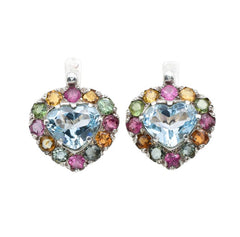 Blue Topaz earrings with vibrant Tourmaline halo for bold heart styling
