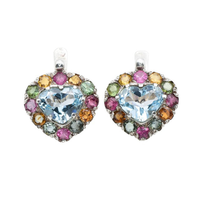 Blue Topaz earrings with vibrant Tourmaline halo for bold heart styling
