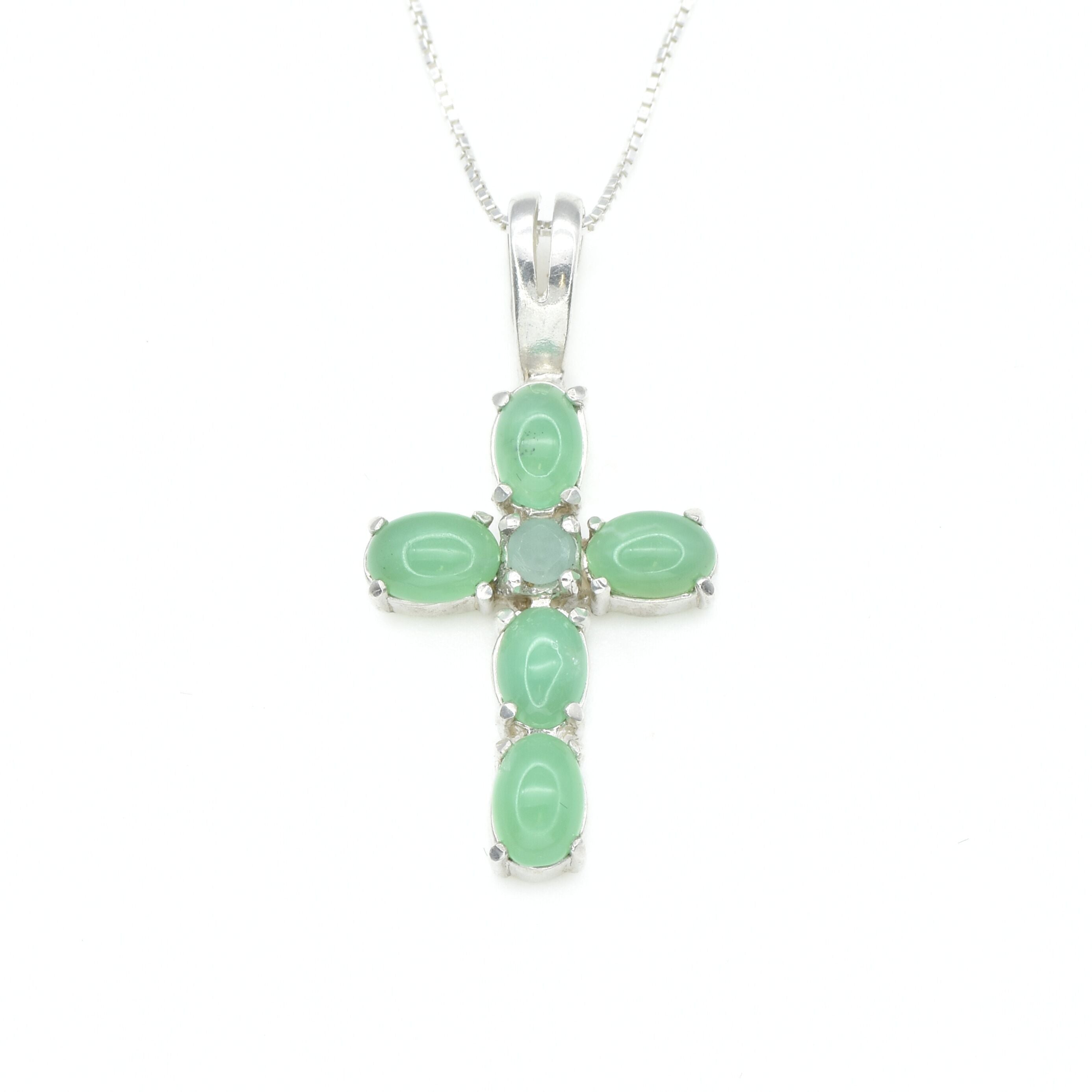 Chrysoprase and Emerald pendant in a cross design, perfect for layering style