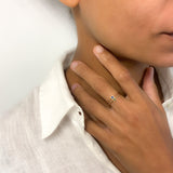 Woman wearing dainty natural Emerald Ring in Solid 14k Yellow Gold worn for size reference. May birthstone ring for growth, and harmony, perfect for everyday wear, for ring stacking, and for minimalist styling.