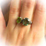 NATURAL PERIDOT paired with GREEN DIAMOND in a sterling silver ring. The ring highlights brilliant diamond cut stones, offering a unique and elegant accessory for gemstone lovers.