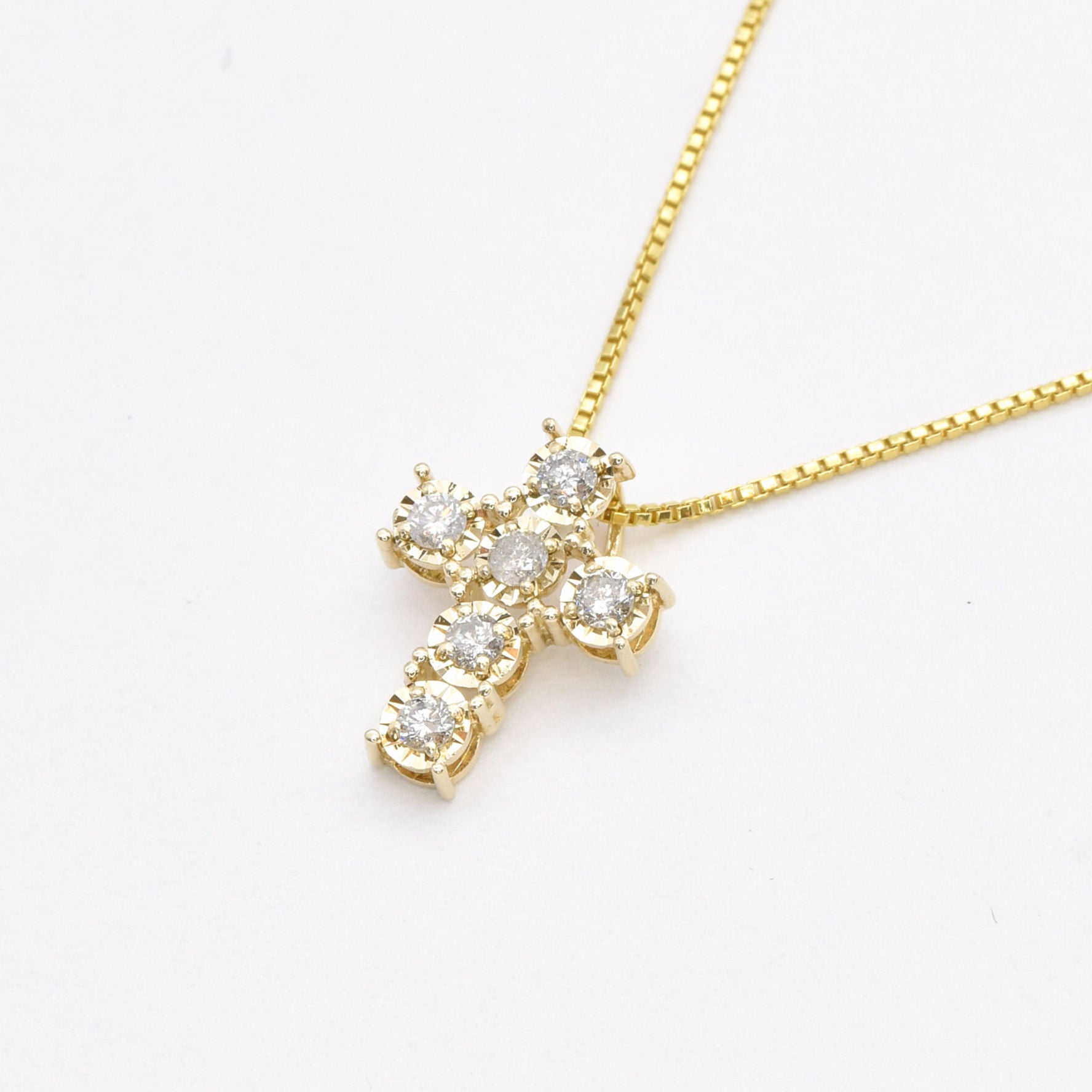 Real Diamond Cross Pendant crafted in Solid 14k Yellow Gold Box Chain Necklace. Dainty April Birthstone pendant that symbolizes purity, eternal love and inner strength.