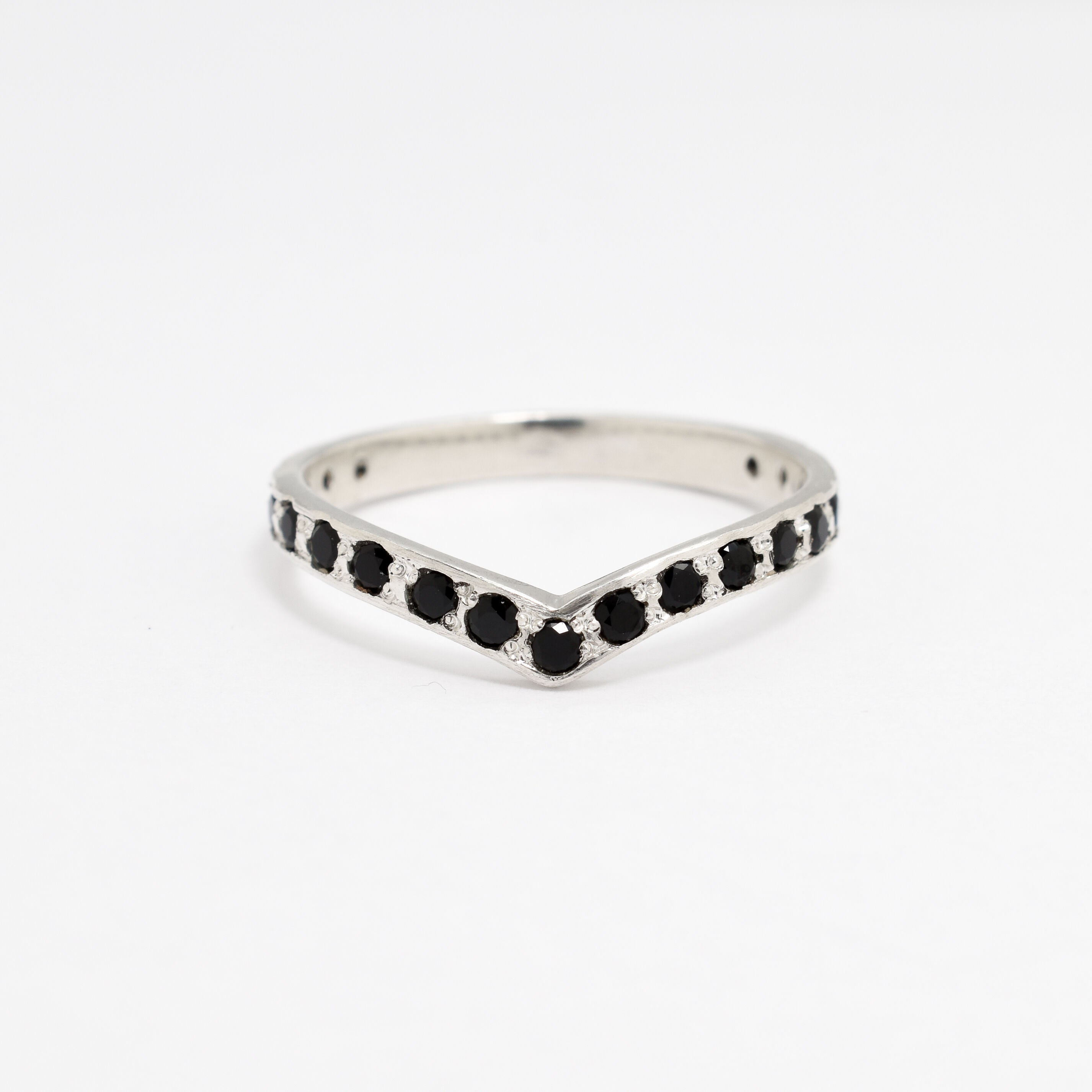 Black Natural Onyx Ring in a v-shaped band, crafted in Solid 925 Sterling Silver. Silver Chevron Band ideal as an everyday ring, perfect for wearing solo or ring stacking. 