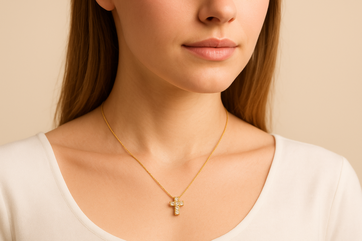 Woman wearing a Dainty Real Diamond Cross Necklace set in Solid 14k Yellow Gold. April birthstone in round cut, and stunning clarity, and in a prong setting. Symbolizing purity, and inner strength, ideal to wear on special occasions especially religious activities.