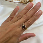 Red natural garnet ring in 18k gold vermeil, in an oval cut, and prong setting. Solitaire garnet band with leaf inspired design perfect gift idea, for special occasions, and an ideal january ring
