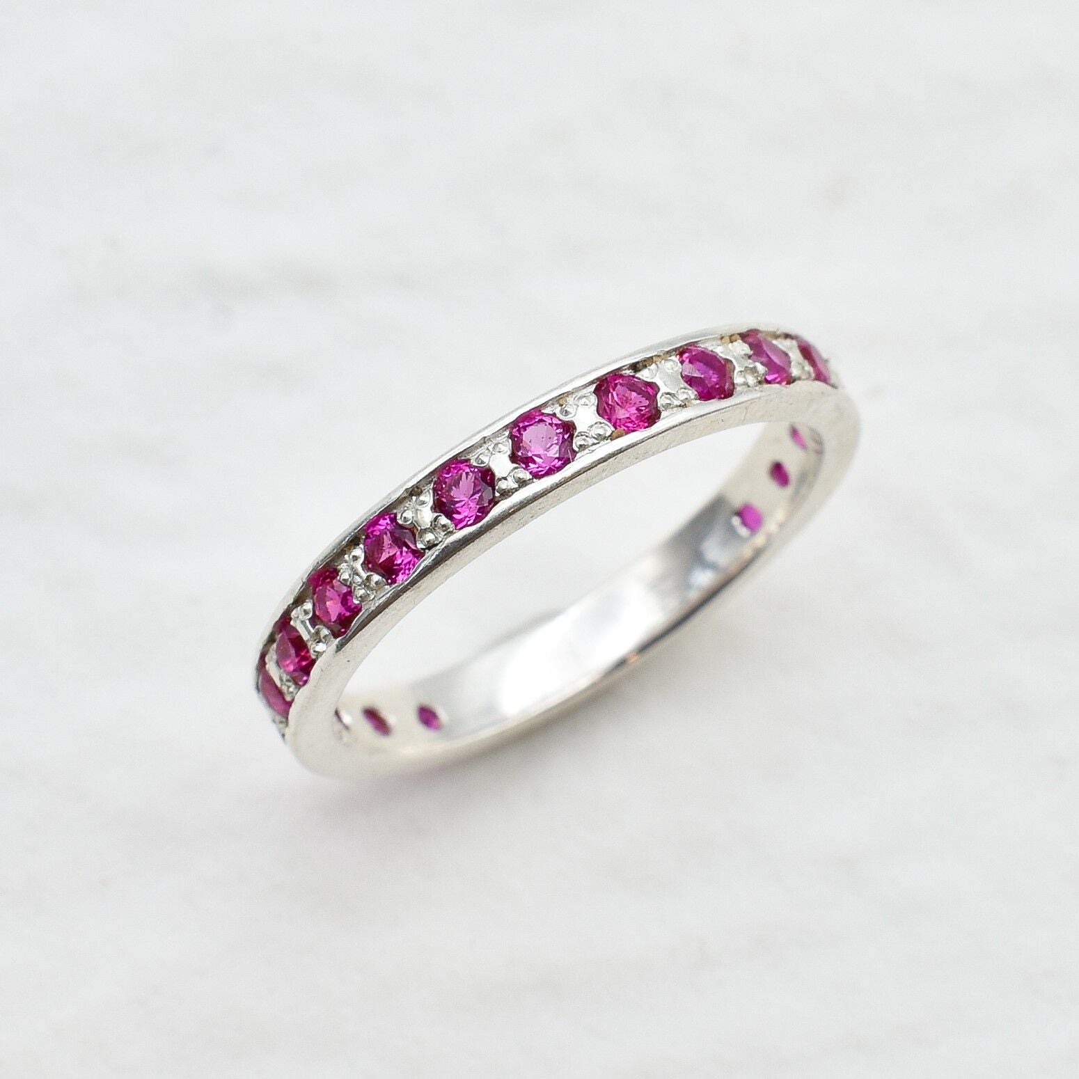 Silver Alexandrite Ring, Pink Eternity Ring, Pink Stackable Band