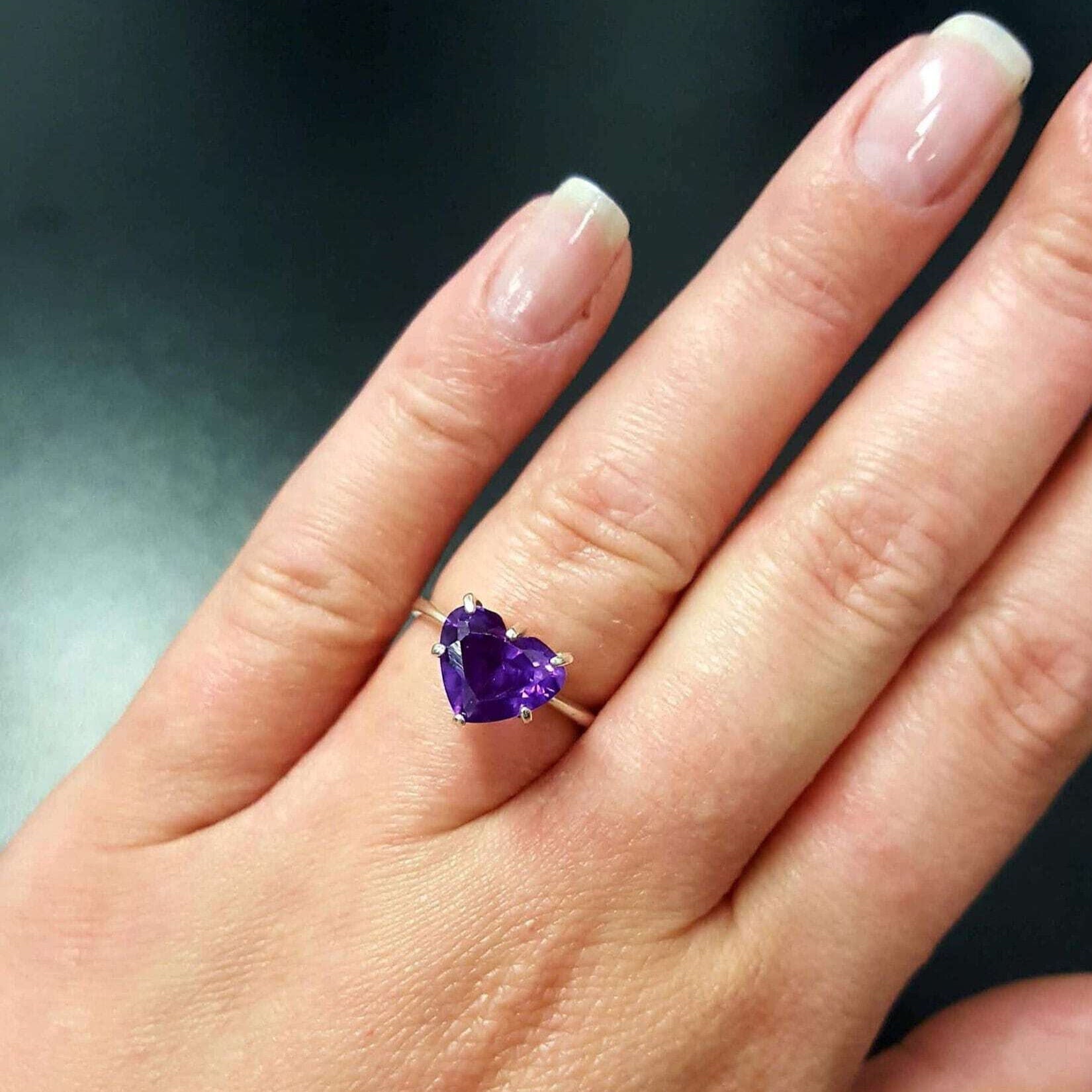 Purple Heart Shaped Gemstone Rings Purple Heart Ring Natural Amethyst Ring, February Birthstone
