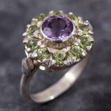 Amethyst and Peridot Ring crafted in Solid 925 Sterling Silver, with a floral halo design that blends romantic energy and calming clarity, ideal for spring gifting