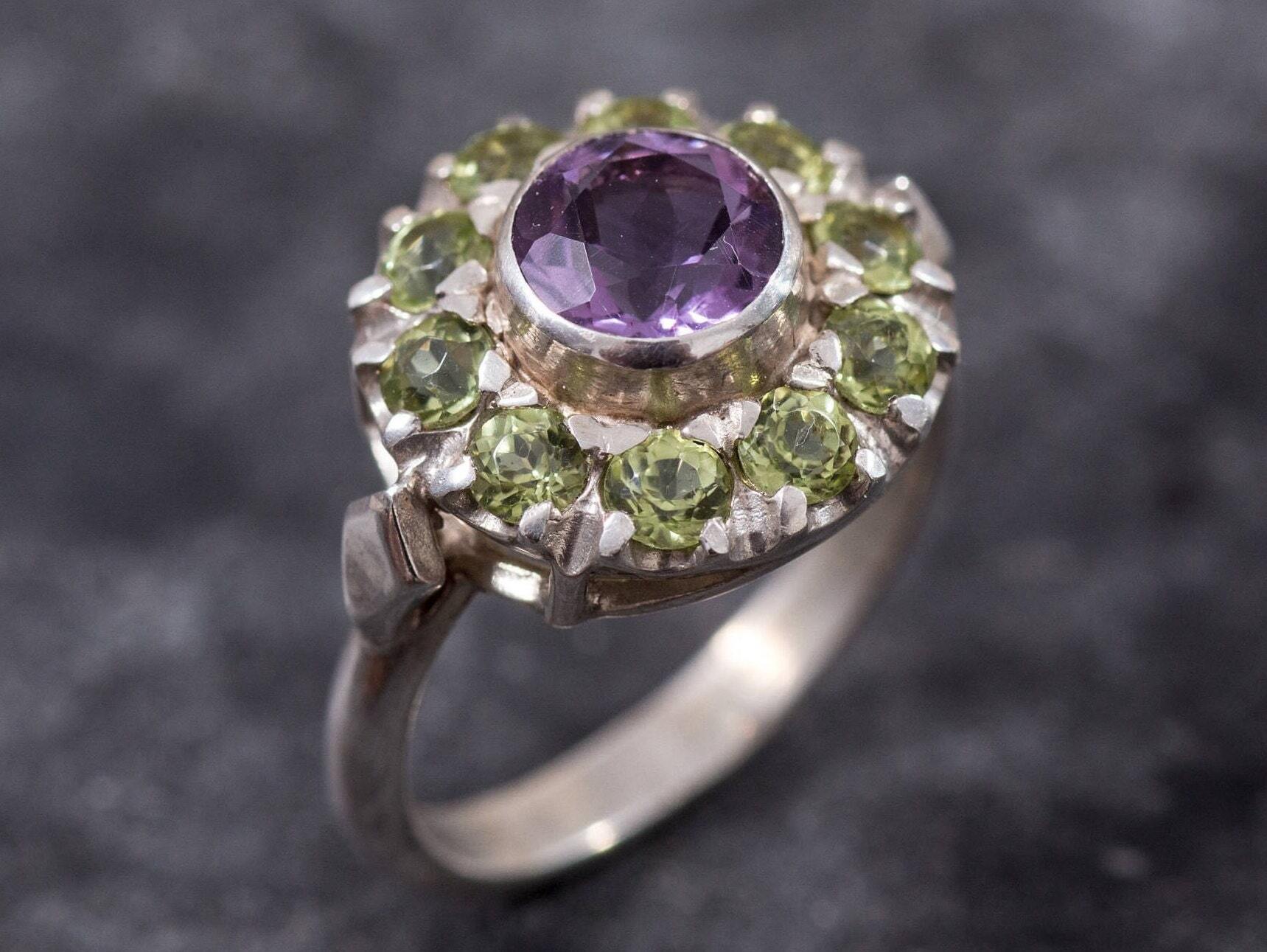 Amethyst and Peridot Ring crafted in Solid 925 Sterling Silver, with a floral halo design that blends romantic energy and calming clarity, ideal for spring gifting