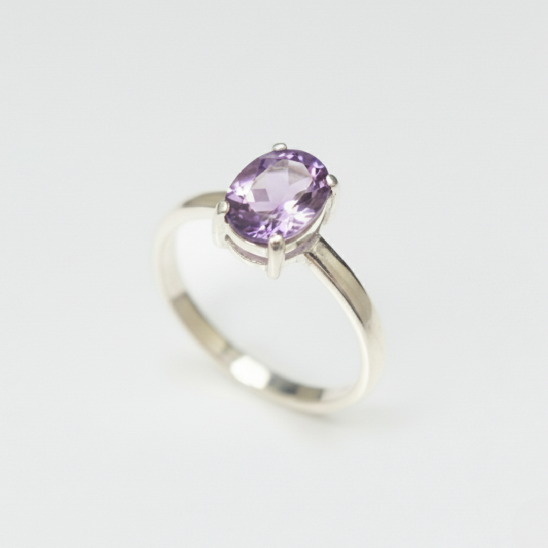 Amethyst Ring - Purple Oval Ring - Classic Solitaire Ring made in 925 Sterling Silver. Ideal for everyday wear and perfect for birthday gifting and special occasions.