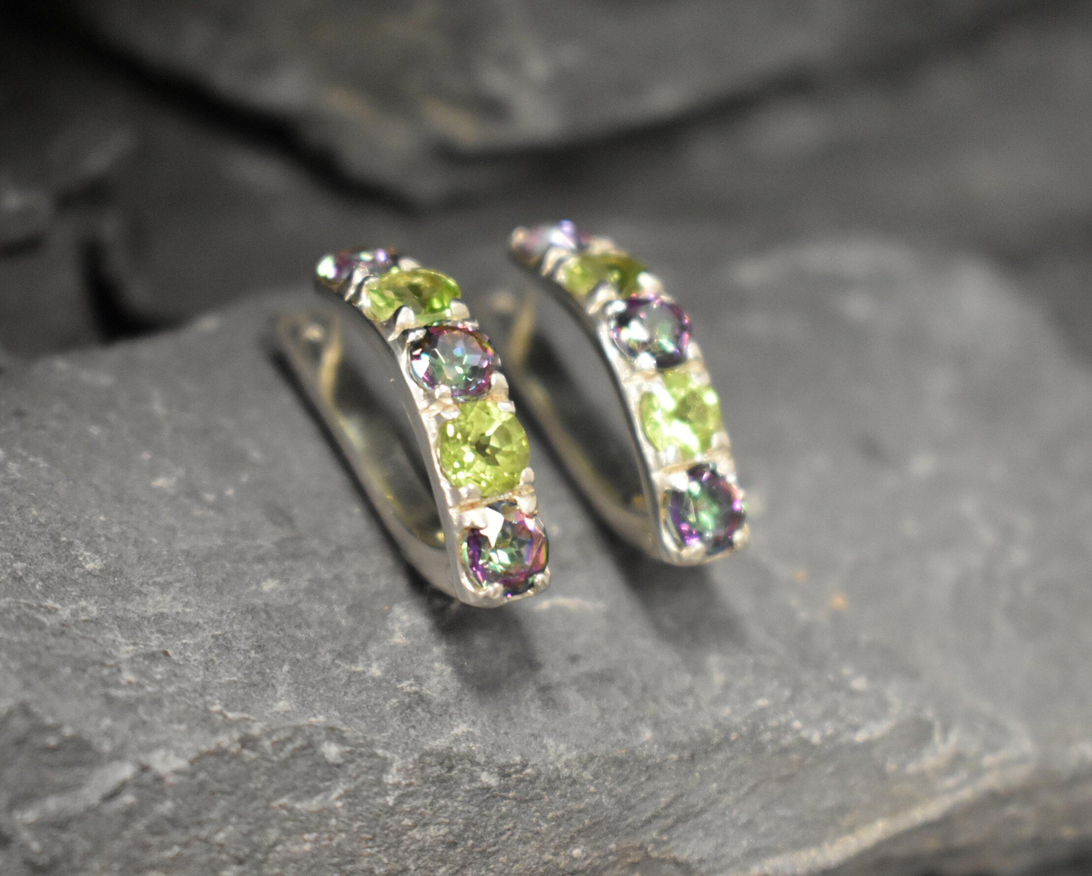 August birthstone Peridot earrings accented with Mystic Topaz, representing strength and happiness, perfect gift for birthdays and memorable events
