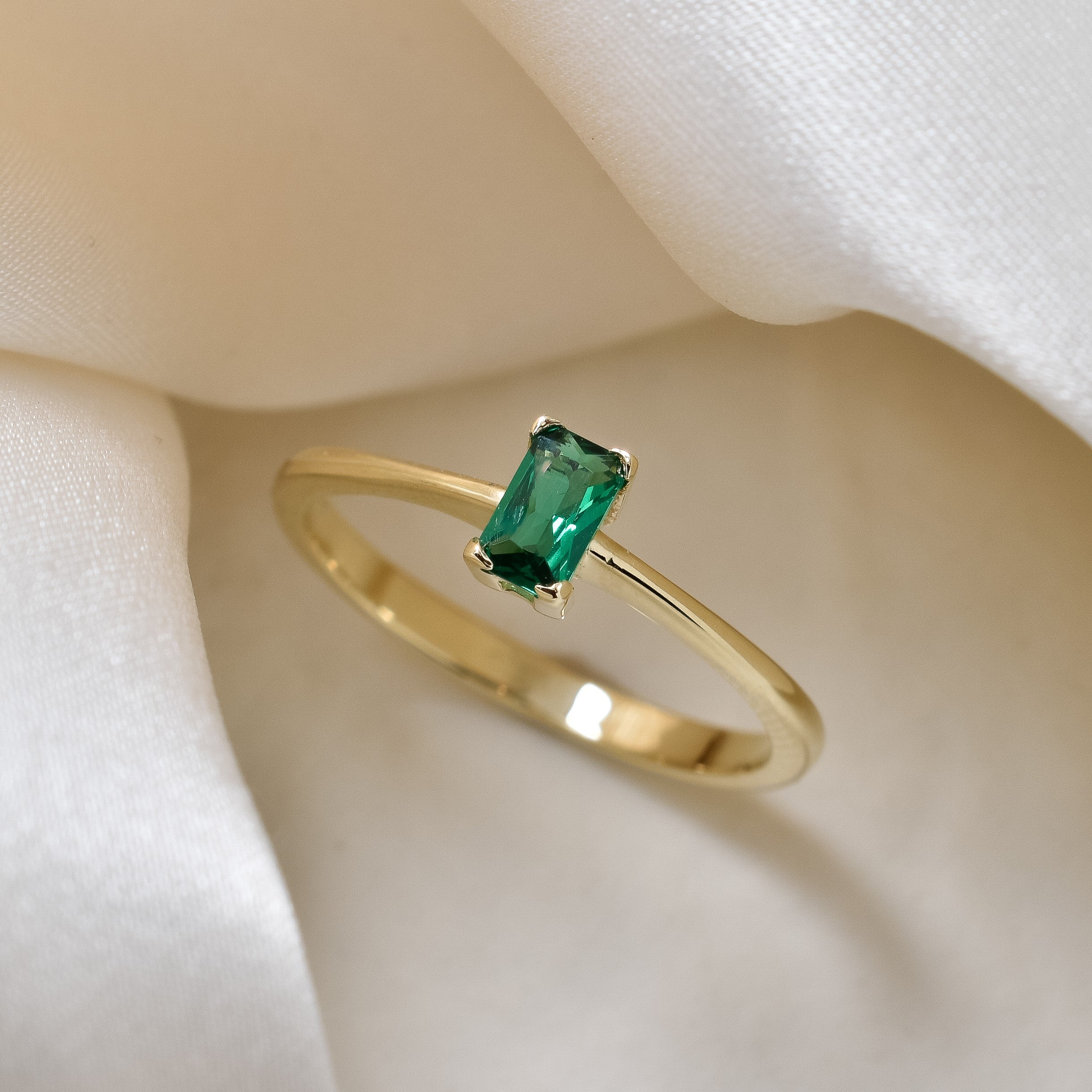Emerald Rrr Real Gold Emerald Ring - Baguette Emerald Ring - Dainty Green Square R ...