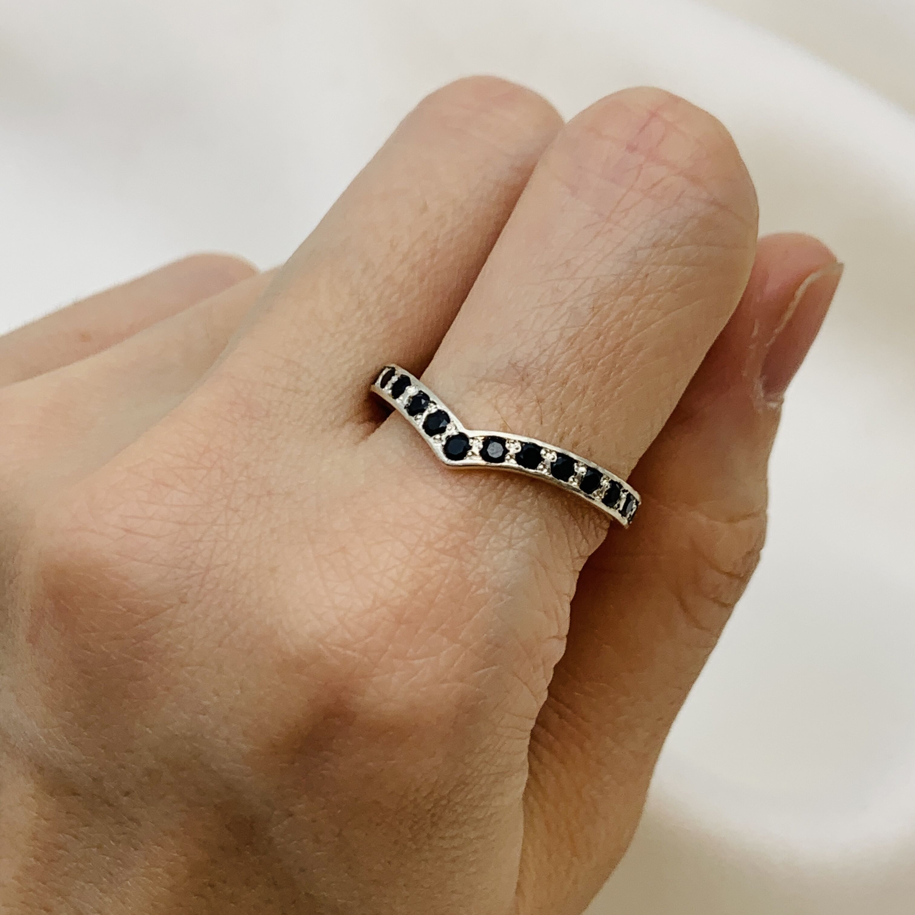 Natural Black Onyx Ring set in Solid 925 Sterling Silver. Chevron Ring perfect for ring stacking or wearing solo. 