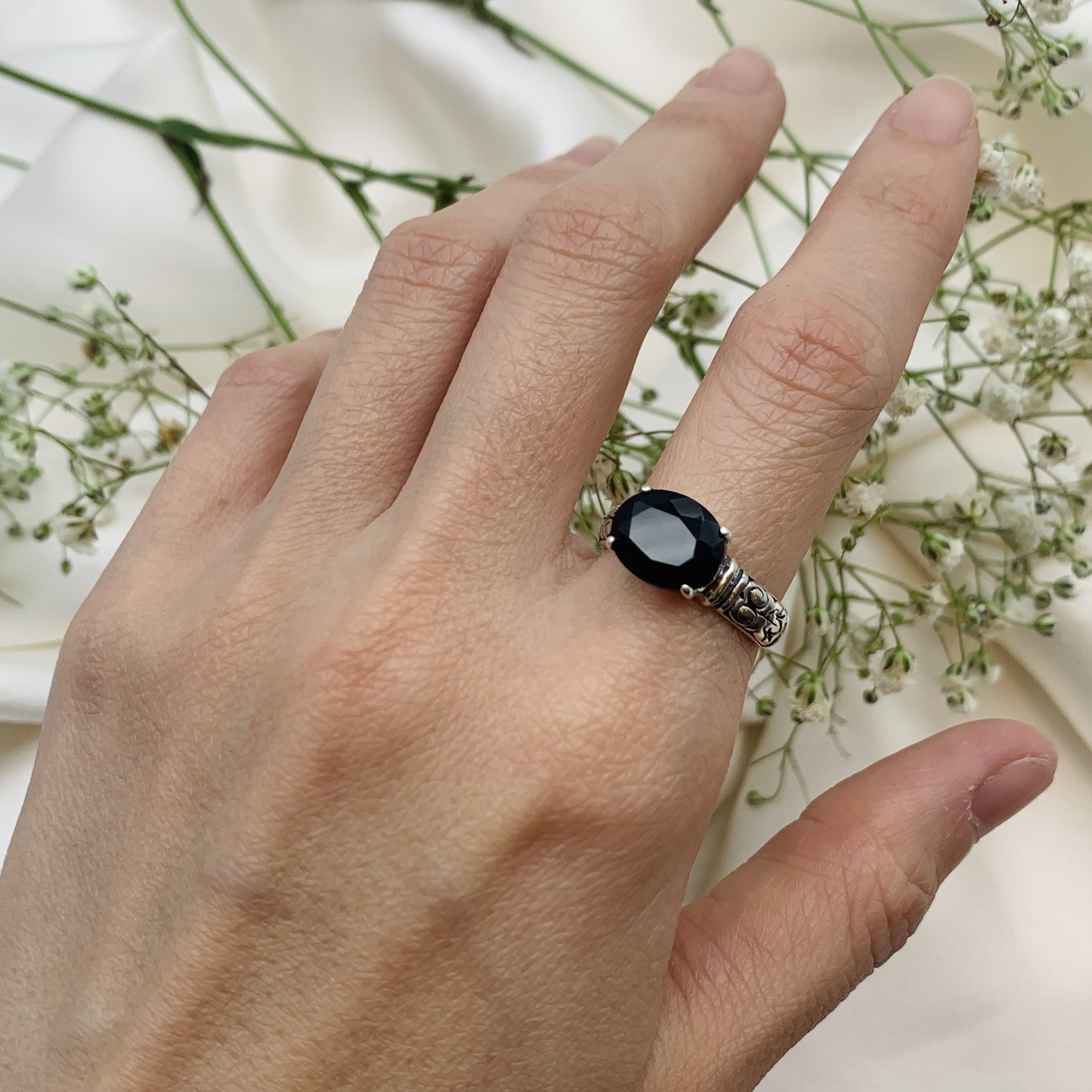 Natural Onyx Black Tribal Ring, oval cut gemstone, set in Solid 925 Sterling Silver, Unisex Silver Ring