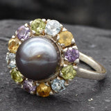 Black Pearl Flower Ring - Genuine Pearl Ring - Multistone Cocktail Ring