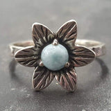 Blue Flower Ring - Genuine Larimar Ring - Vintage Floral Ring