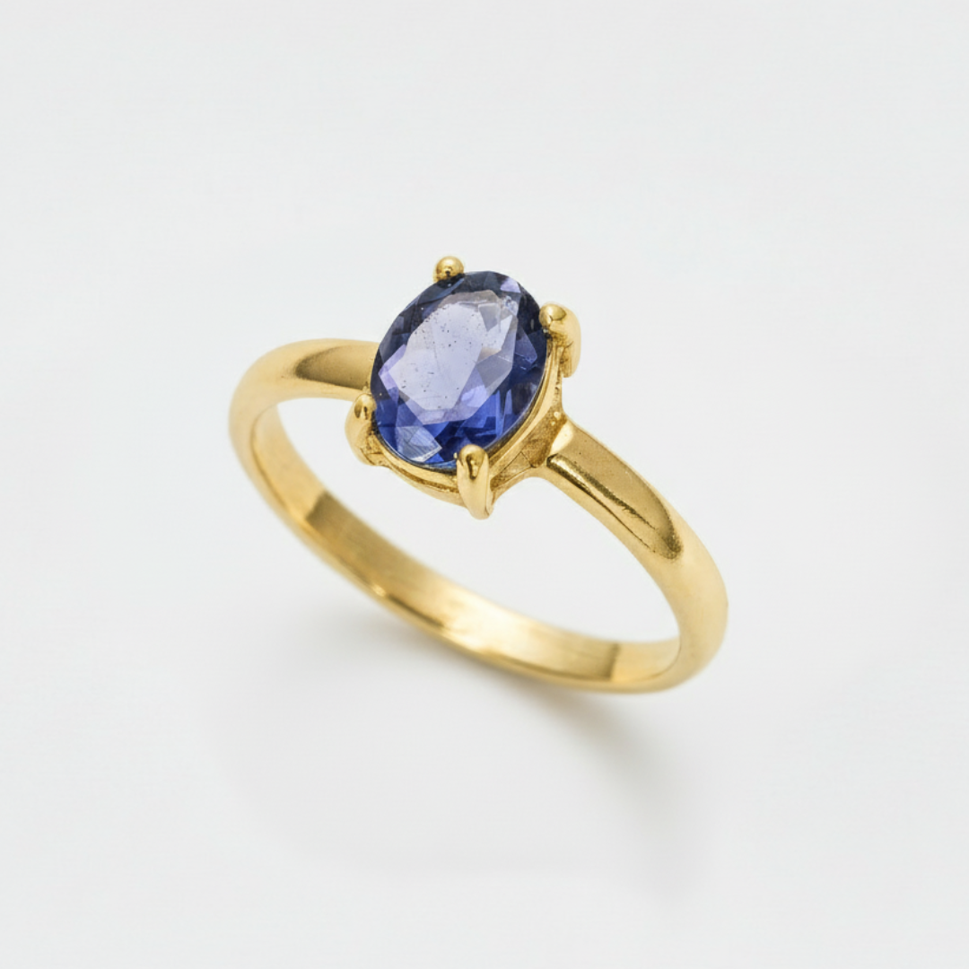 Blue Gemstone Gold Ring set with Natural Iolite in a diamond cut, flawless clarity & deep blue color, perfect for gifting