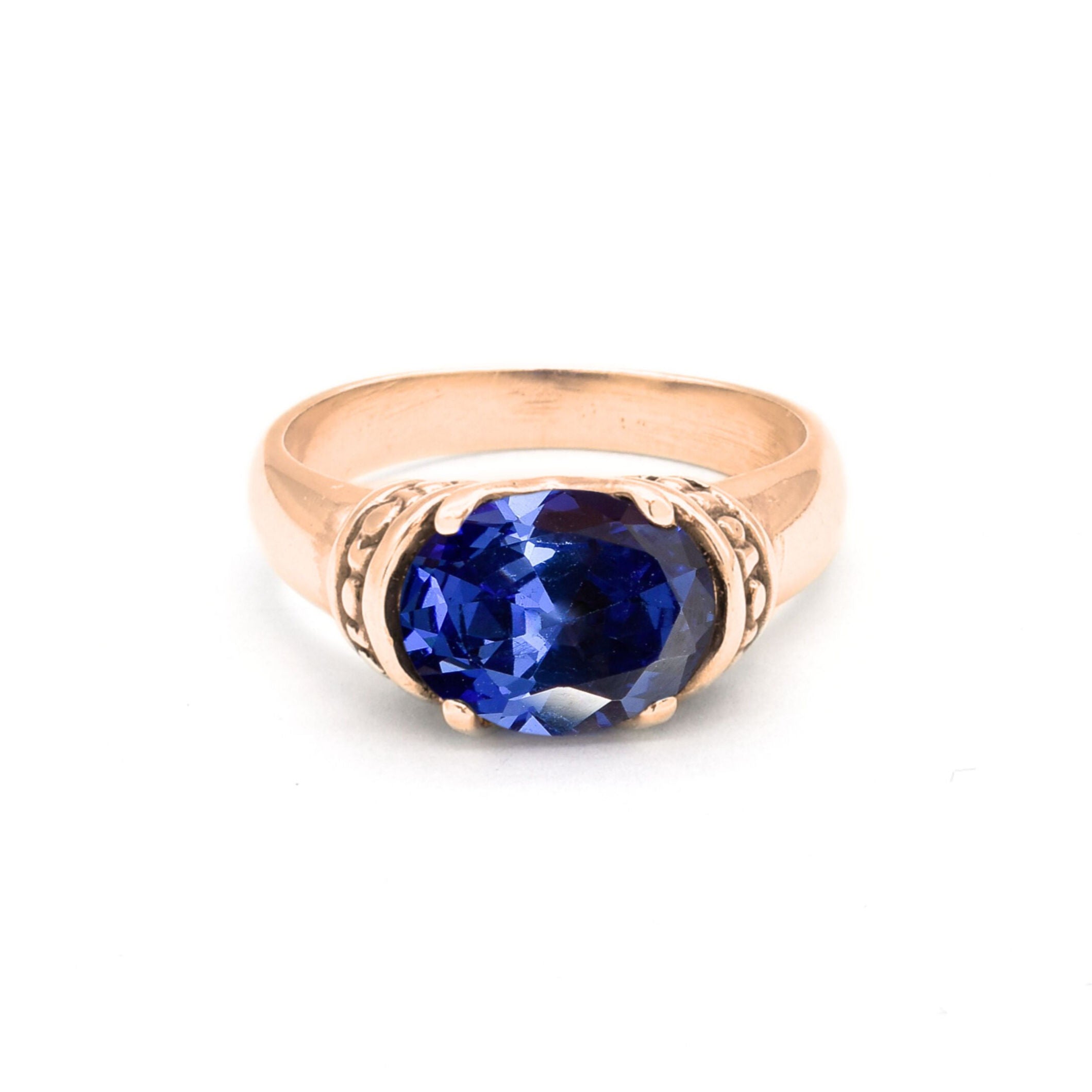 Blue Tanzanite Ring set in 18k Rose Gold Vermeil over Solid 925 Sterling Silver, Unisex ring with tribal band design