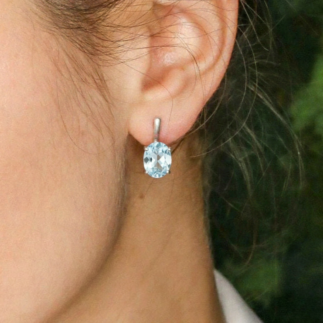 Vintage Blue Topaz Oval Stud Earrings in 925 Sterling Silver - Elegant for daily wear and ideal for gifting.