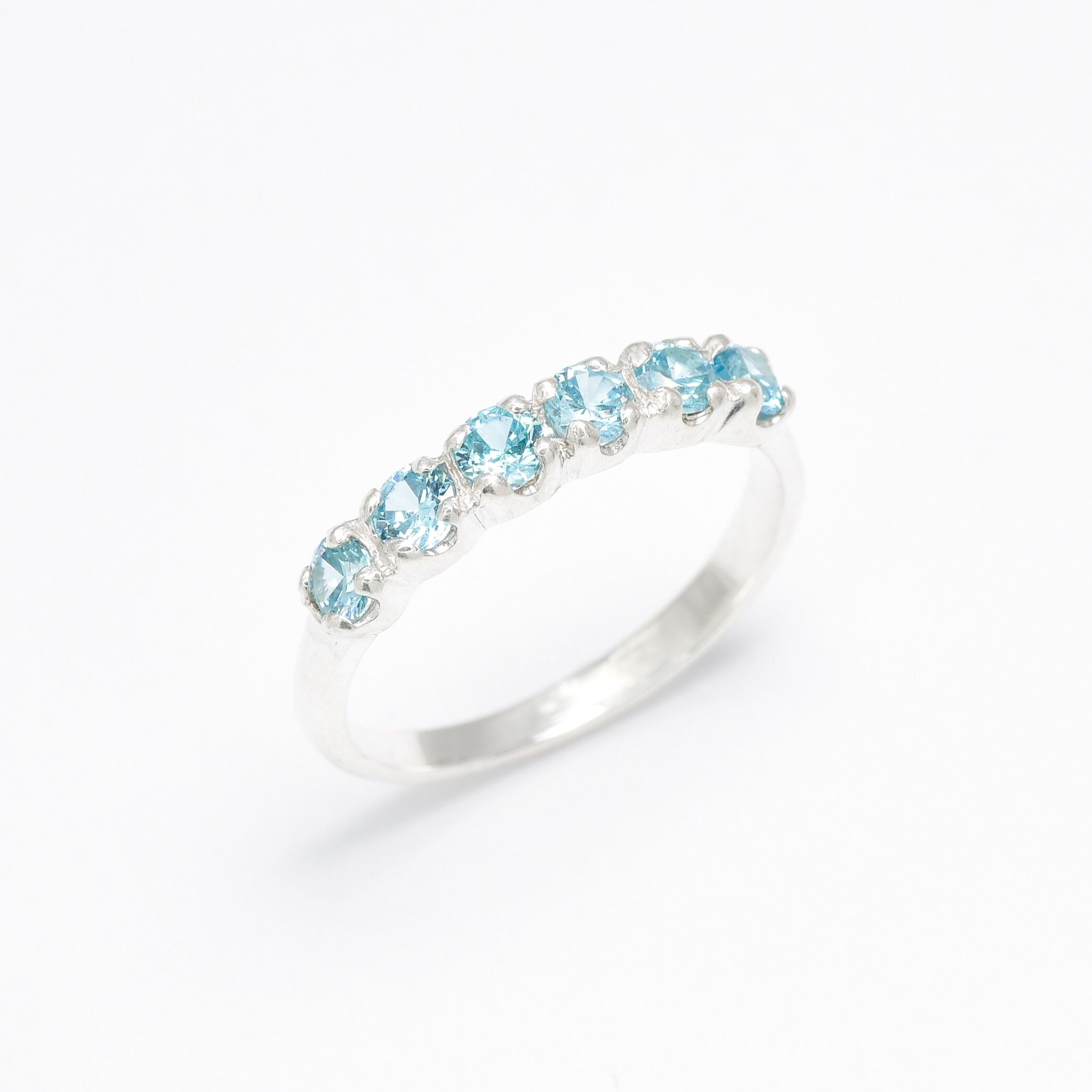 Blue Topaz Half Eternity Ring in Solid 925 Sterling Silver, Stackable Ring with Blue Gemstones