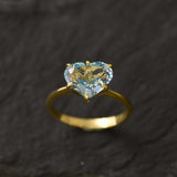 Side-angle close-up of blue topaz heart gold ring displaying gemstone details on dark surface