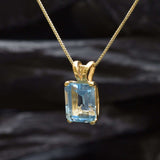 Flatlay of gold blue topaz pendant on dark background showing clean setting and bail detail