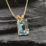 Flatlay of gold blue topaz pendant on dark background showing clean setting and bail detail