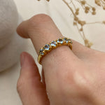 Blue Topaz Gold Ring, Half Eternity Band, Gold Stackable Ring worn on index finger