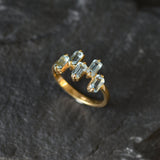 Special occasion ring with vivid blue topaz stones and sleek gold band.