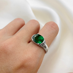 Elegant 925 Sterling Silver ring featuring an oval Created Green Emerald, perfect for May birthdays and special occasions.
