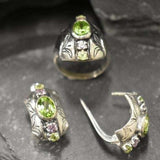 Bold Natural Peridot & Amethyst gemstone ring in silver, ideal for weddings, parties, or gifting to gemstone admirers.