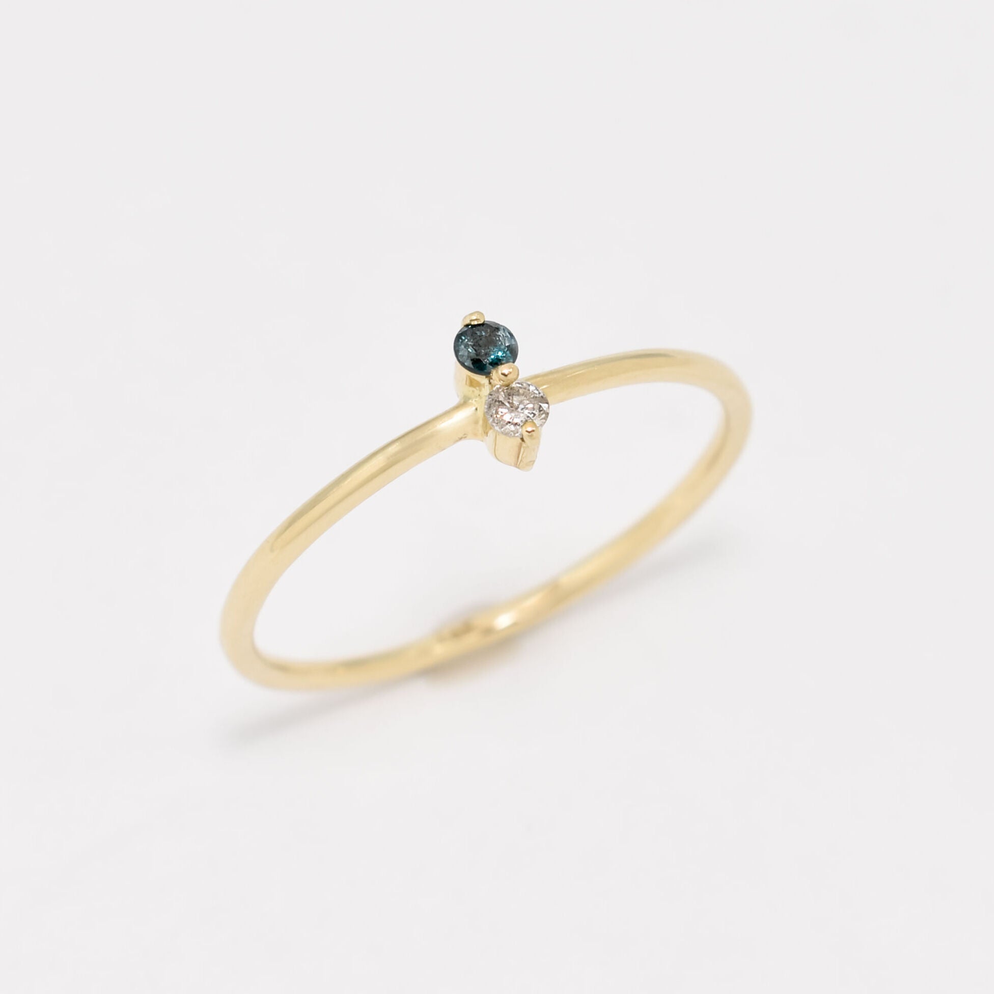Solid 14k Yellow Gold Ring set with Certified Diamond, and Genuine Blue Diamond gemstones. Two stone ring that symbolizes eternal love, purity, and inner strength. Dainty, luxurious, and minimalist solid gold ring with real diamonds, for clarity, and abundance. Ideal for special occasions, and regal glam.