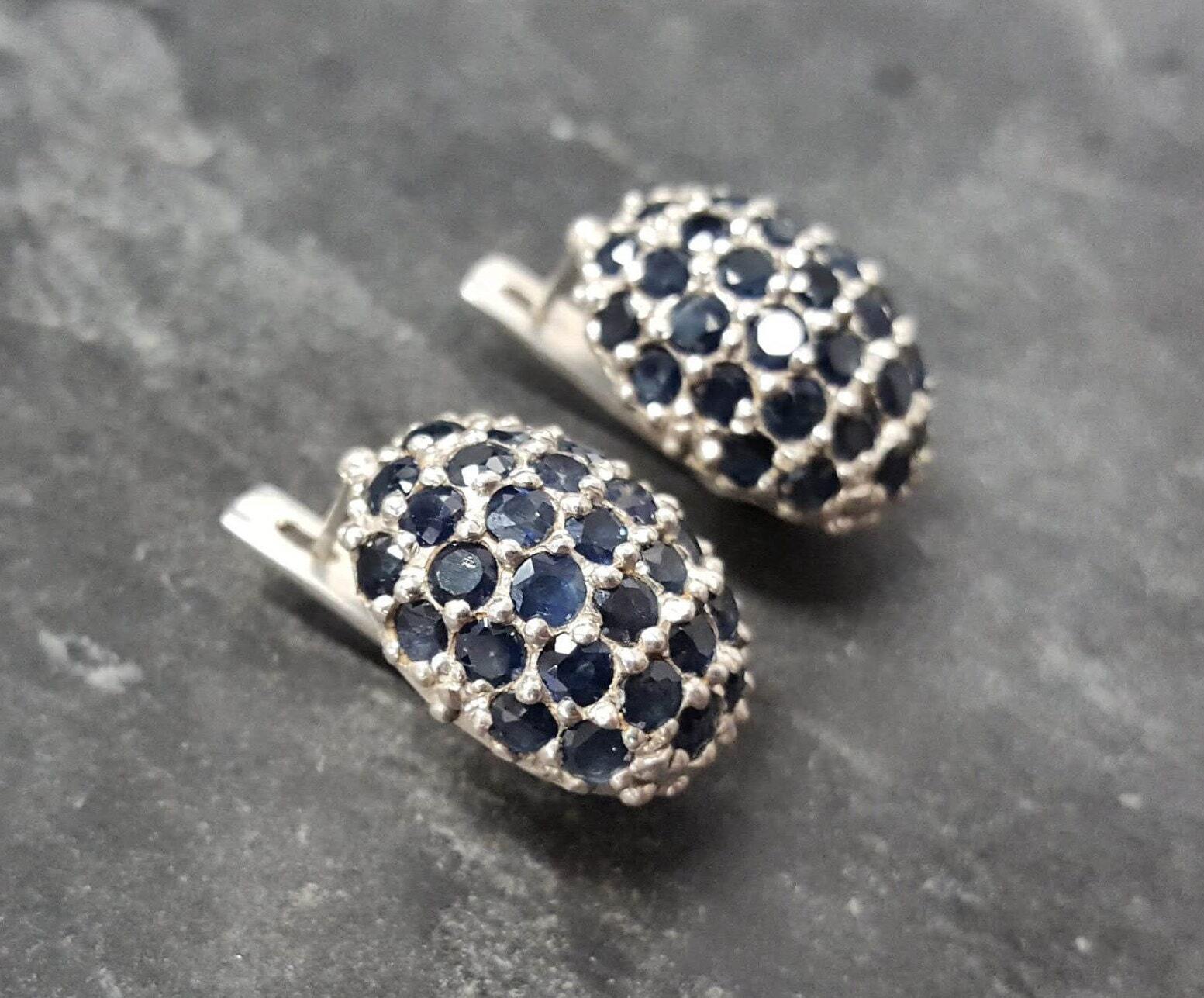 Beautiful 925 Sterling Silver Cluster Earrings with Round Blue Sapphire, ideal for special occasions and September birthdays.