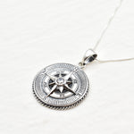 Compass Diamond Necklace, Vintage Compass Necklace, Silver Compass Pendant Angled View