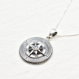 Compass Diamond Necklace, Vintage Compass Necklace, Silver Compass Pendant Angled View