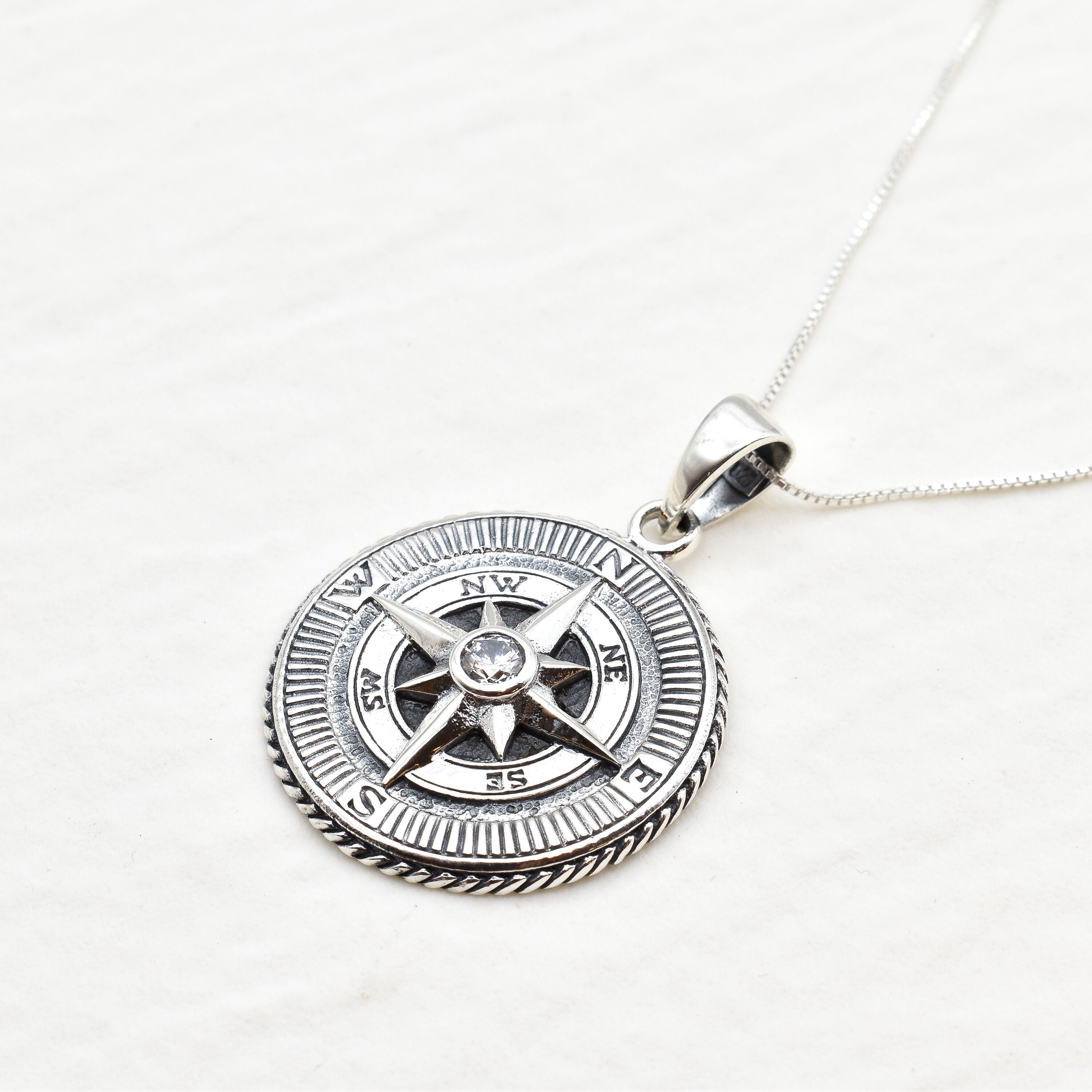 Compass Diamond Necklace, Vintage Compass Necklace, Silver Compass Pendant Angled View