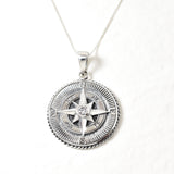 Compass Diamond Necklace, Vintage Compass Necklace, Silver Compass Pendant