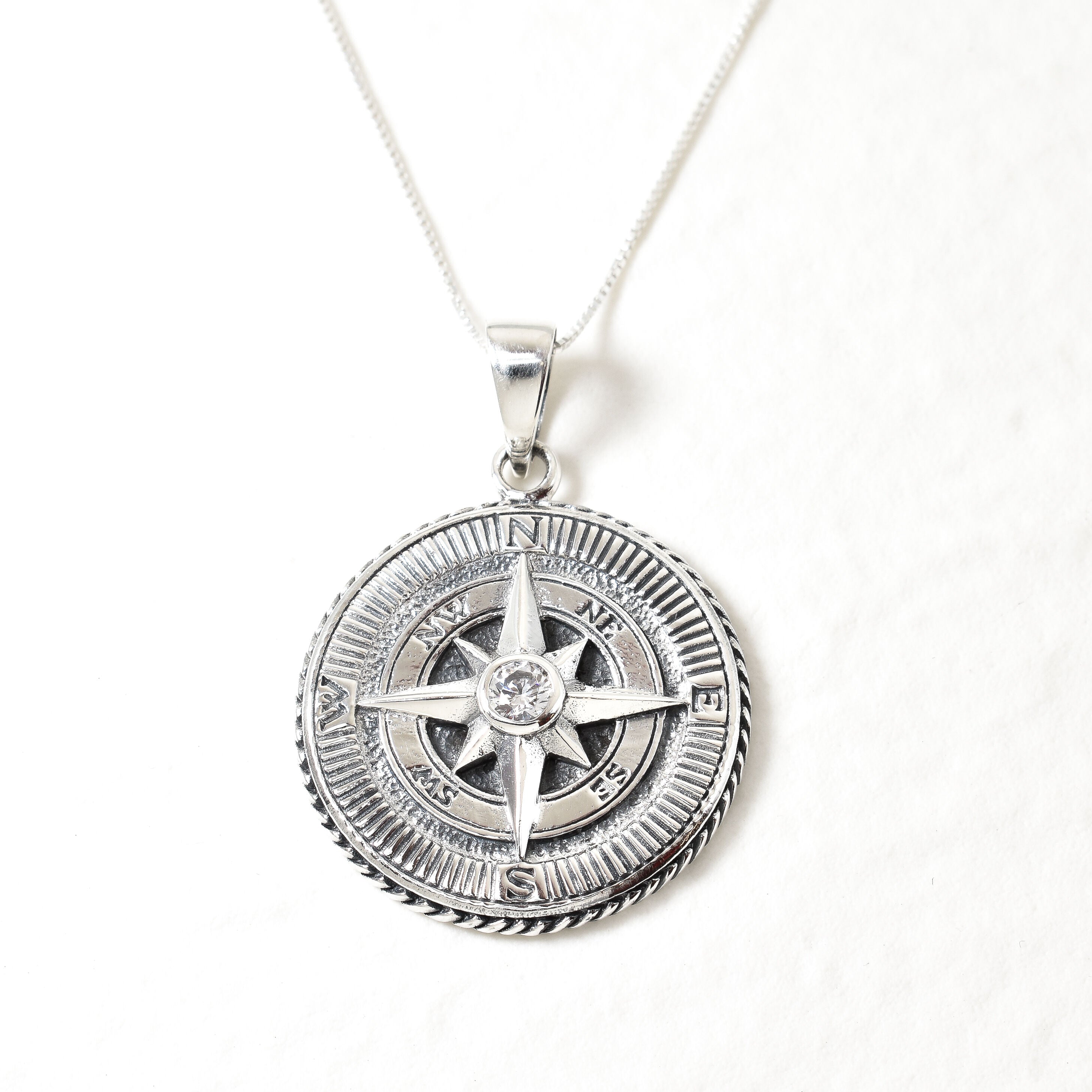 Compass Diamond Necklace, Vintage Compass Necklace, Silver Compass Pendant