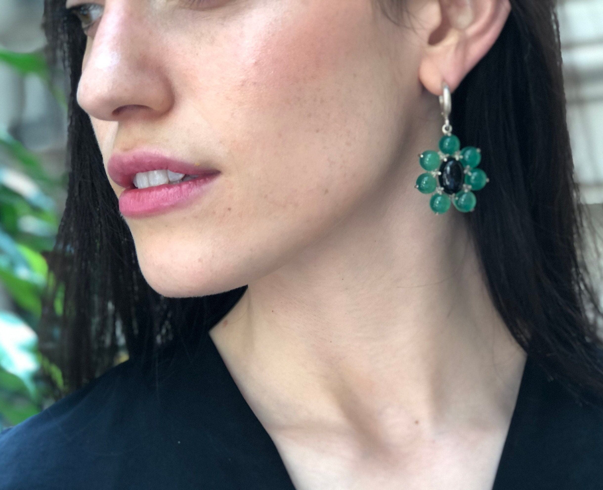 Dangling Flower Earrings - Onyx Earrings - Large Emerald Earrings
