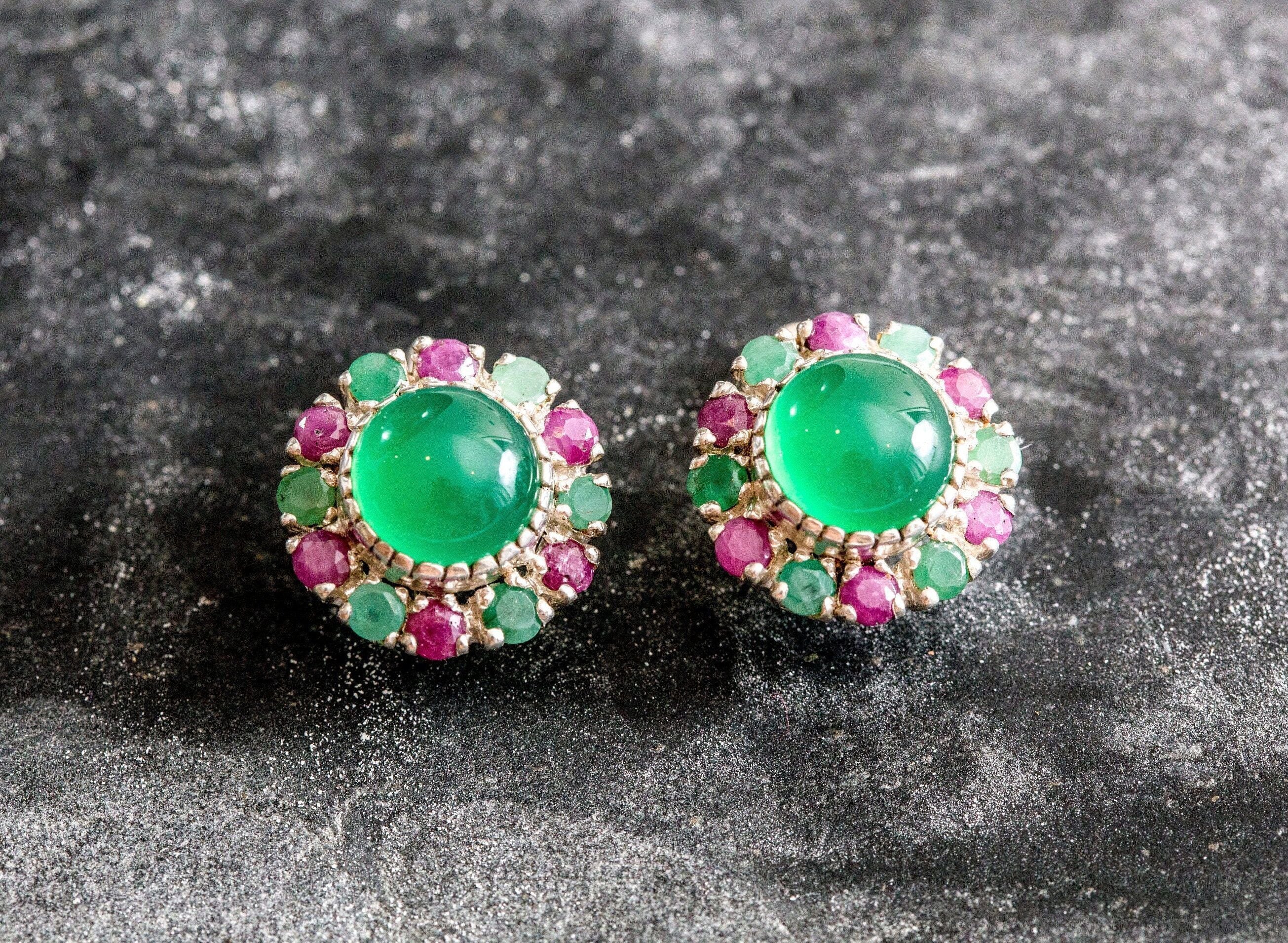 Emerald Flower Earrings - Ruby Victorian Earrings - Green Statement Earrings