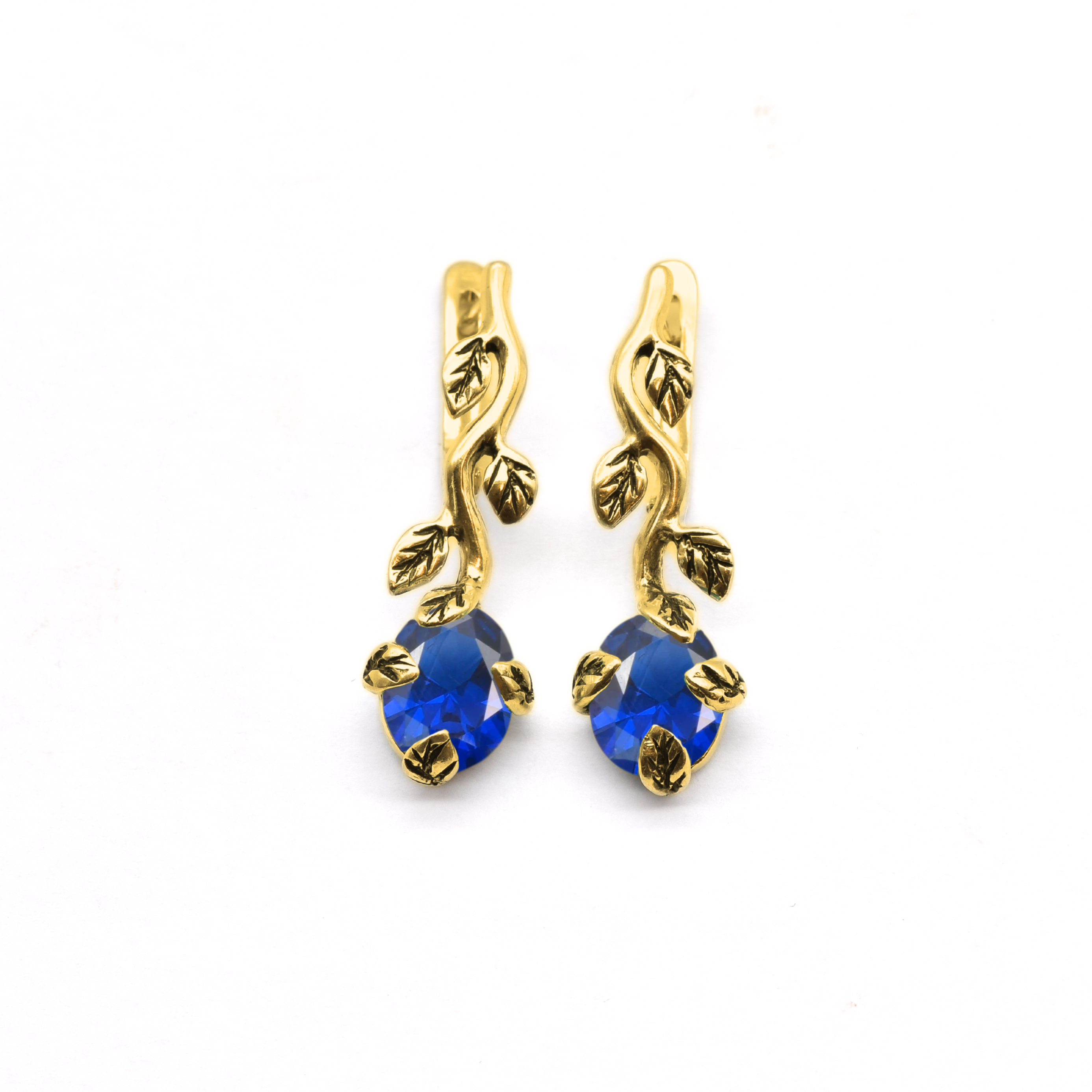 Gold Sapphire Earrings - Blue Oval Earrings - Vintage Leaf Earrings