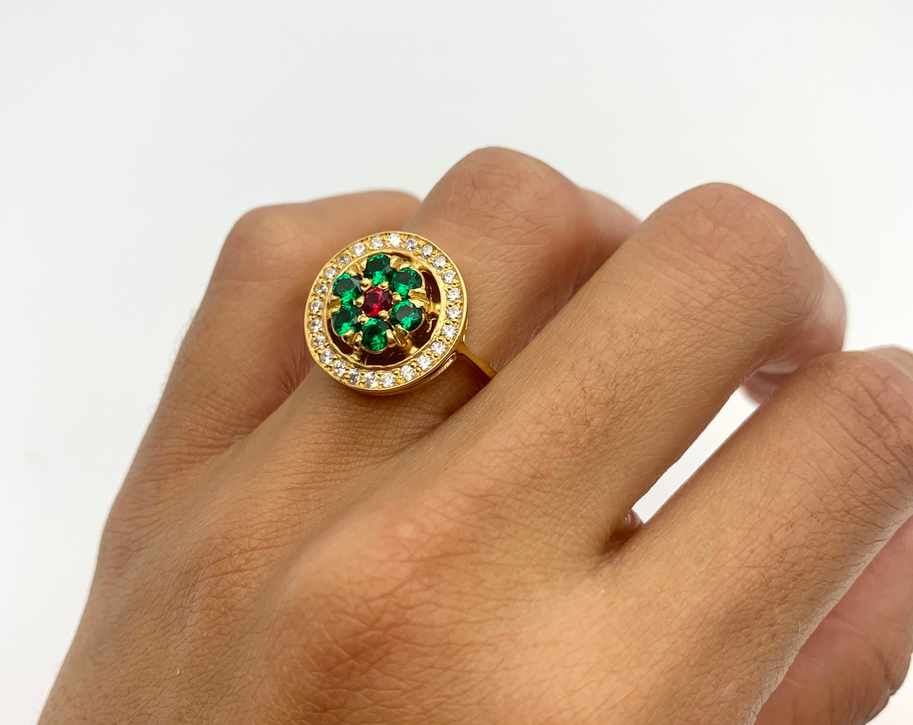 18k Gold Vermeil Emerald Ring with Cluster setting; May Birthstone, perfect for daily wear and special occasions gifting.