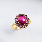 Created Ruby Ring made in 18k Gold Vermeil with Oval Created Red Ruby in Halo setting, July Birthstone gift idea, symbolizes nobility, purity, and passion, ideal for everyday wear and perfect for birthday gifting and special occasions.