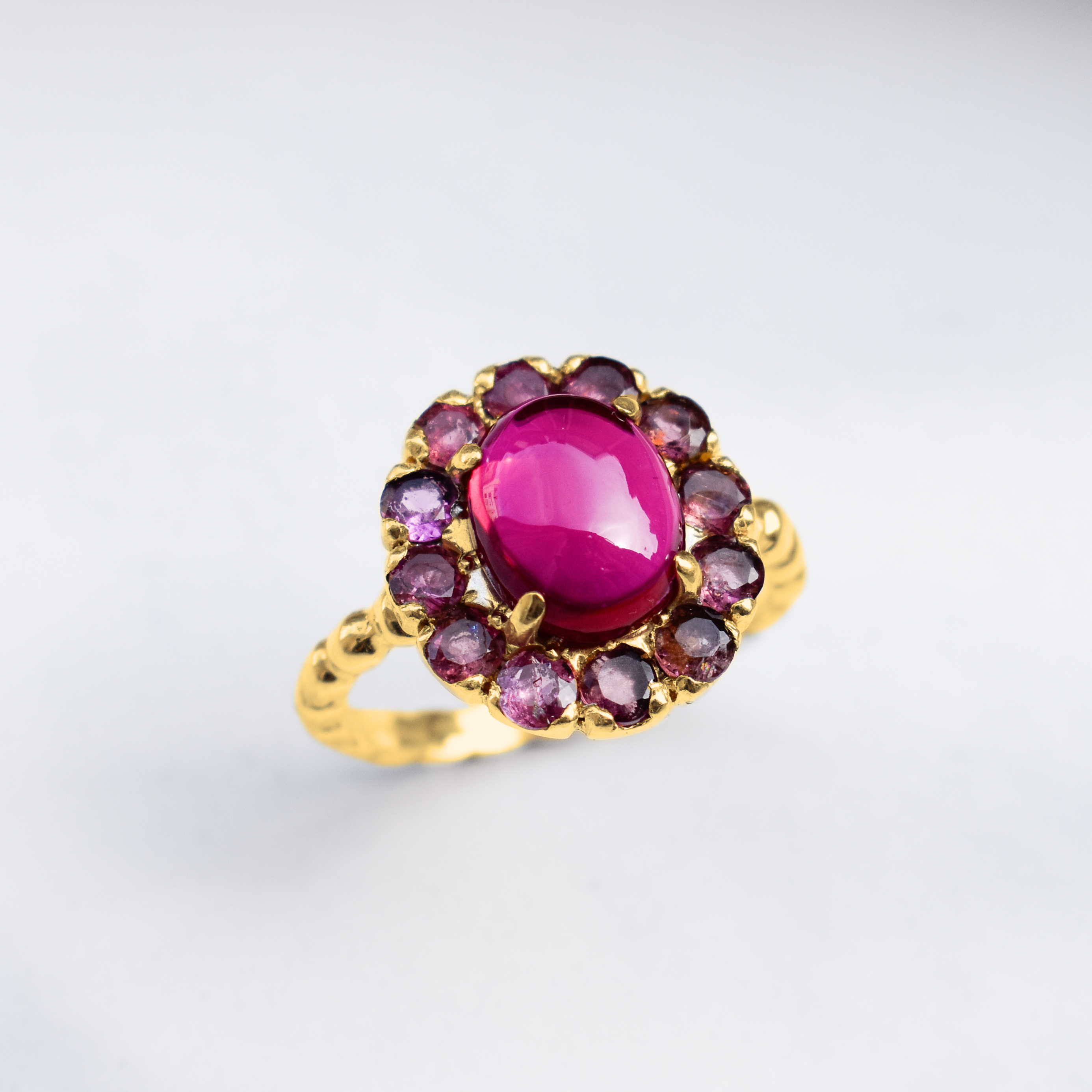 Created Ruby Ring made in 18k Gold Vermeil with Oval Created Red Ruby in Halo setting, July Birthstone gift idea, symbolizes nobility, purity, and passion, ideal for everyday wear and perfect for birthday gifting and special occasions.