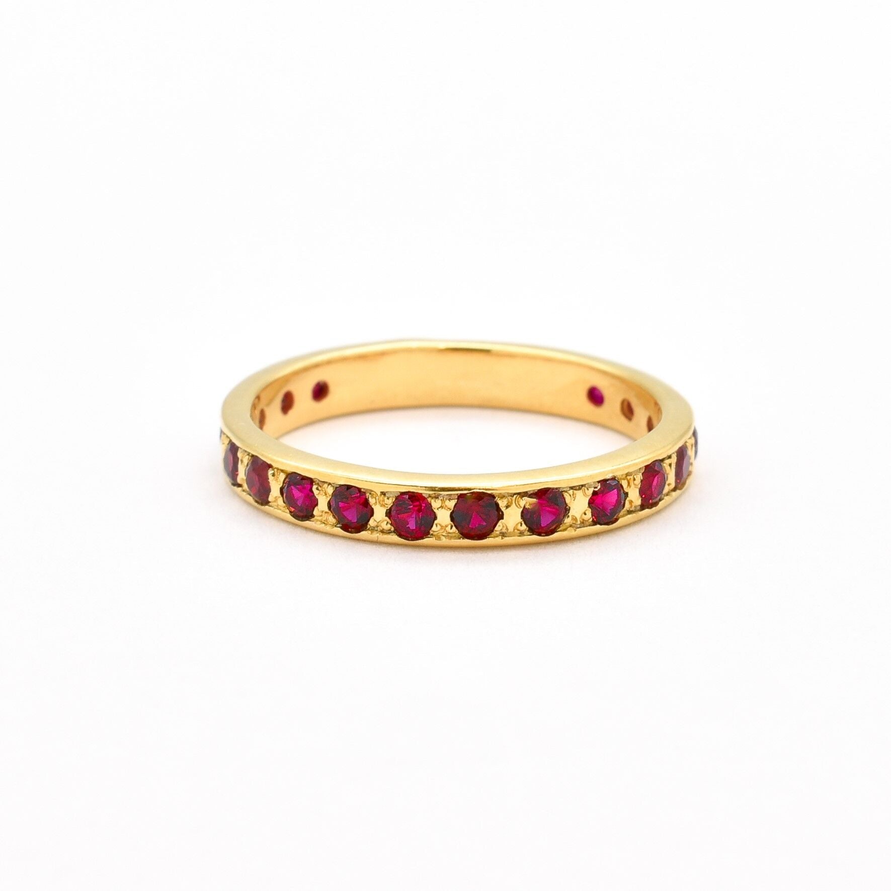 Elegant 18k Gold Vermeil Ruby Ring with a channel-set created red ruby, perfect for everyday elegance and special moments.