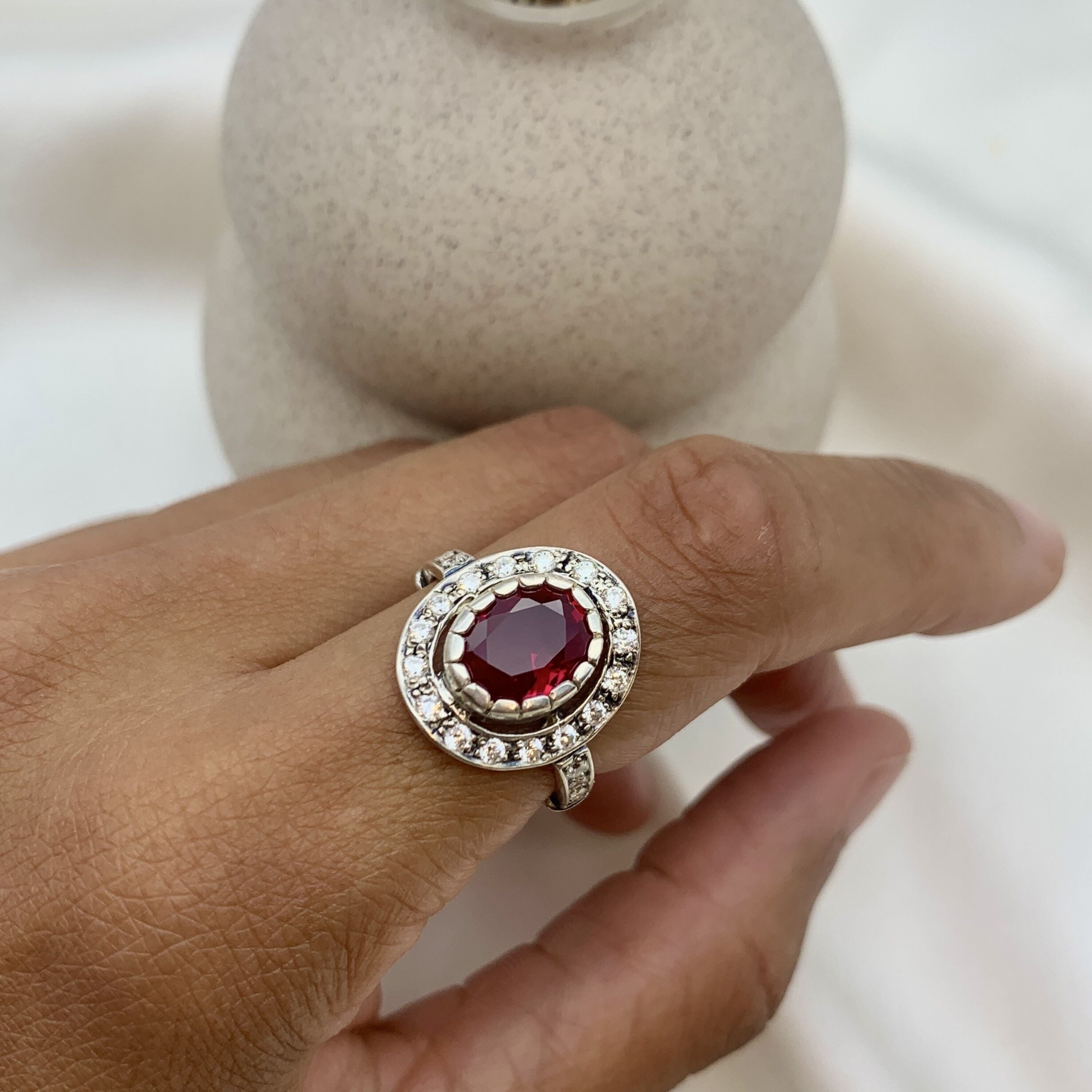 Elegant Ruby Ring in 925 Sterling Silver with Oval Created Red Ruby, a perfect July birthstone gift for any occasion.
